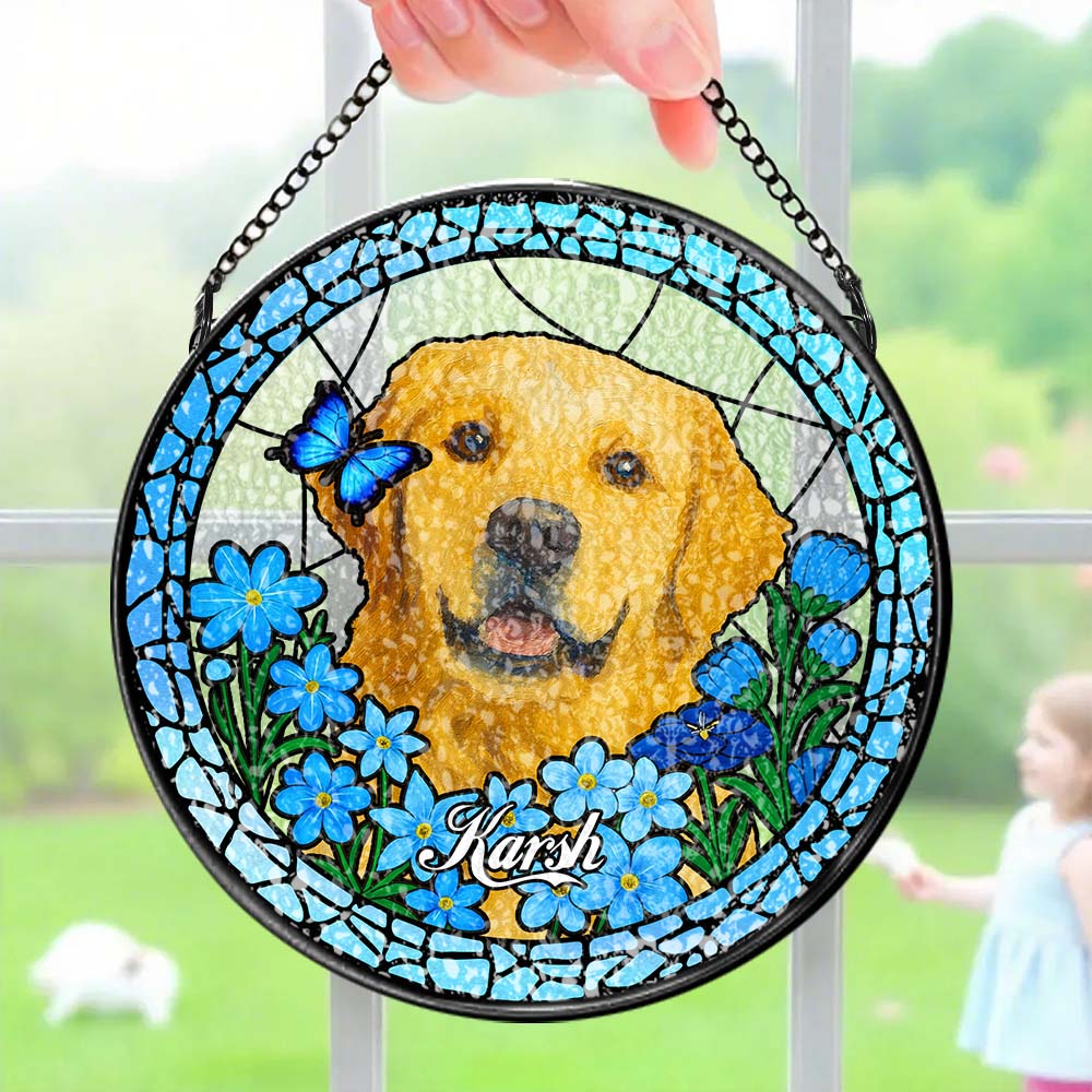 Custom Pet Portrait Stained Glass Suncatcher – Personalized Pet Keepsake Memorial Gift for Dog & Cat Lovers