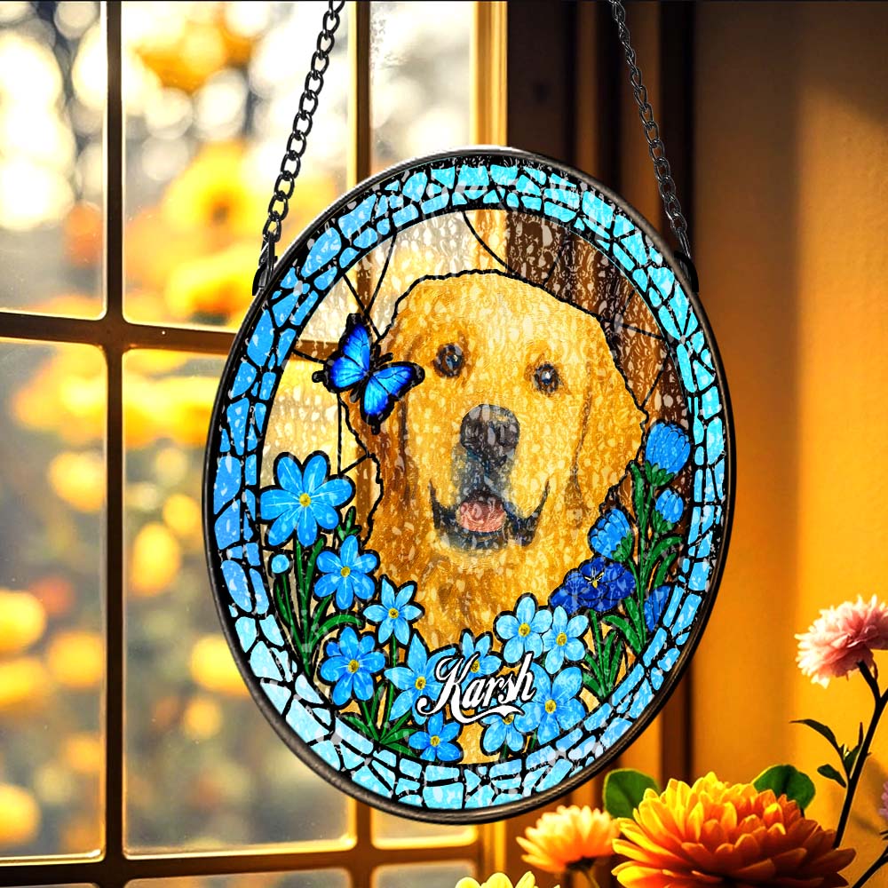 Custom Pet Portrait Stained Glass Suncatcher – Personalized Pet Keepsake Memorial Gift for Dog & Cat Lovers