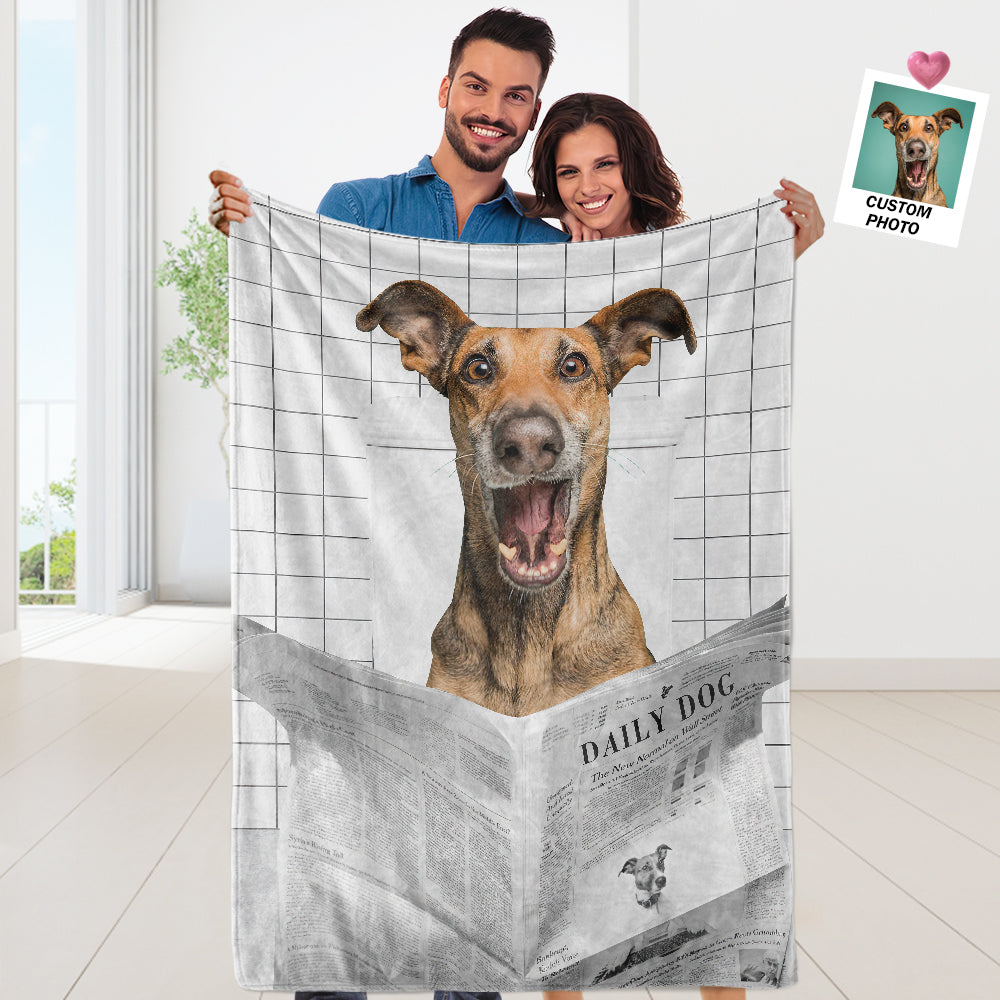 Custom Funny Pet Portrait Blanket Dog Read Newspaper in Toilet Blanket