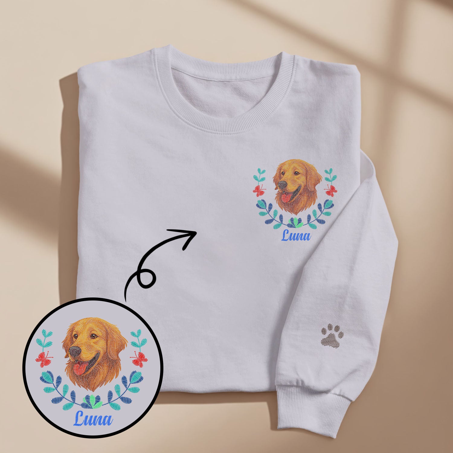 Custom Embroidered-Style Pet Sweatshirt – Personalized Pullover with Pet Name & Wreath