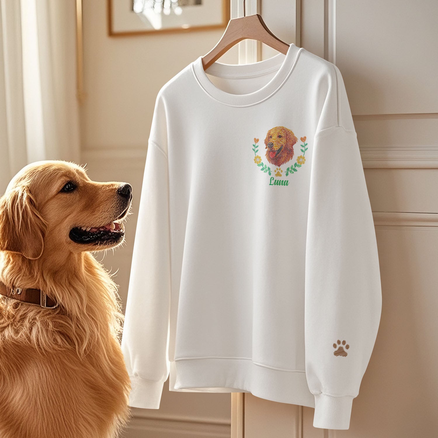 Custom Embroidered-Style Pet Sweatshirt – Personalized Pullover with Pet Name & Wreath